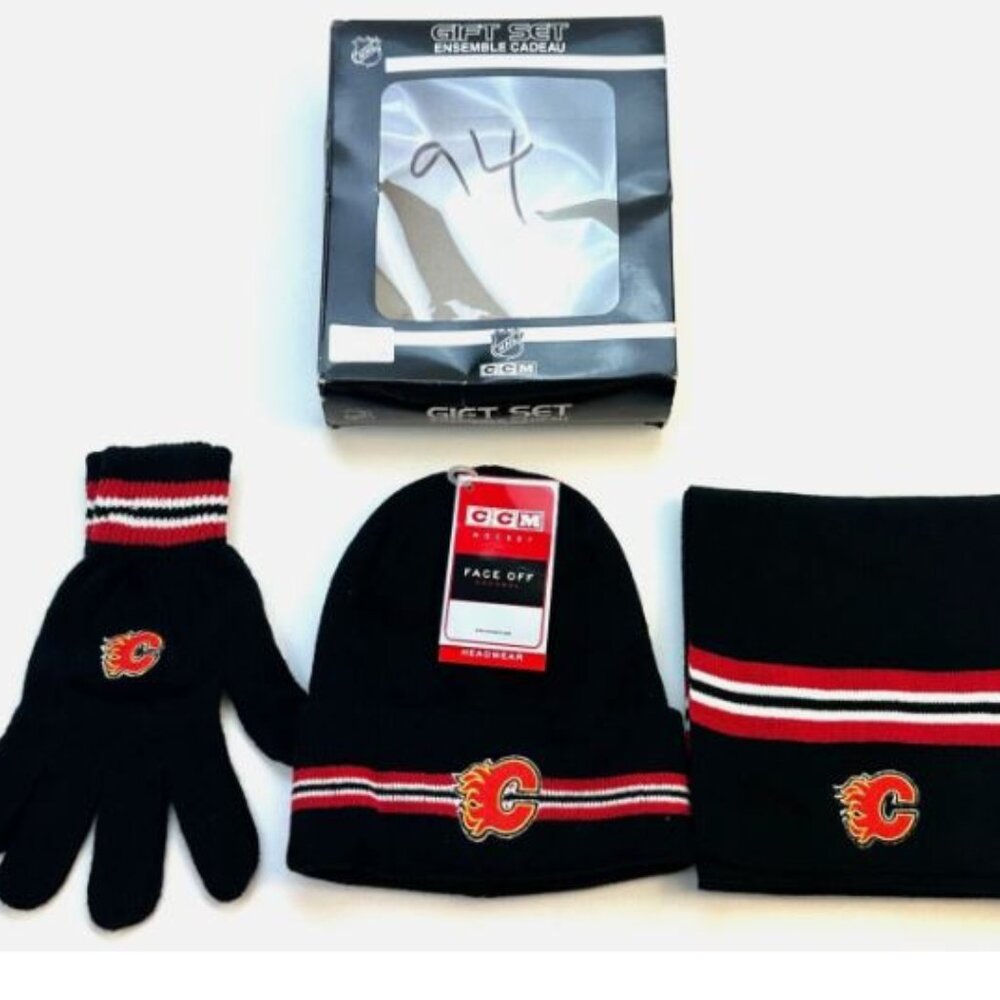 CCM Hockey Calgary Flames Gift Set Hat Gloves Scarf NHL Beanie New